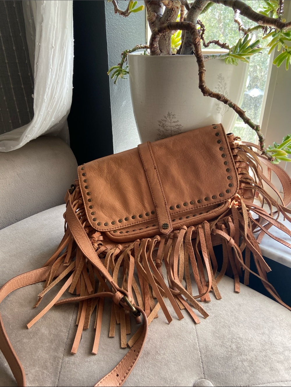 Joelle Hawkens Fringed Leather Crossbody Bag in Saddle Tan